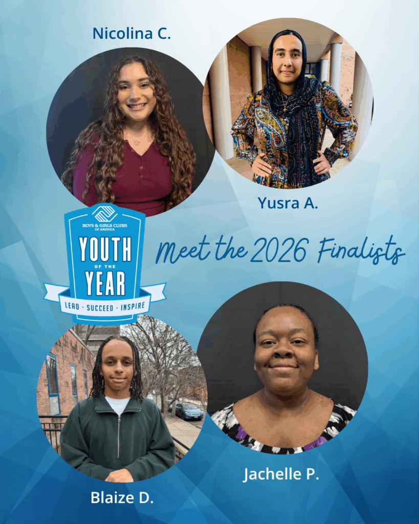 A graphic with Meet the Finalists and pictures of the 4 teens in the running: Nicolina C., Yusra A., Blaize D., and Jachelle P.